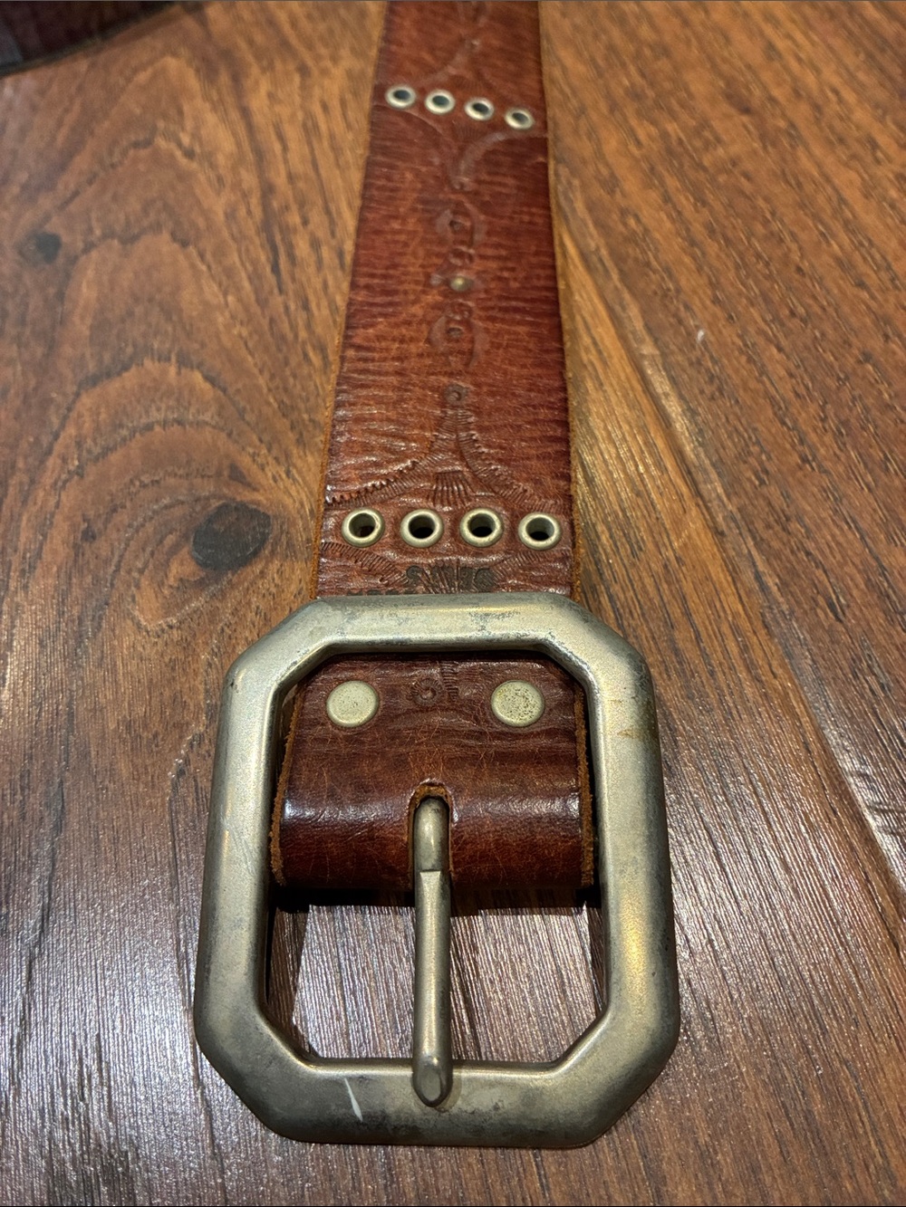 Women's Brown Leather Studded Belt with Geometric Metal Buckle - Picture 4 of 11